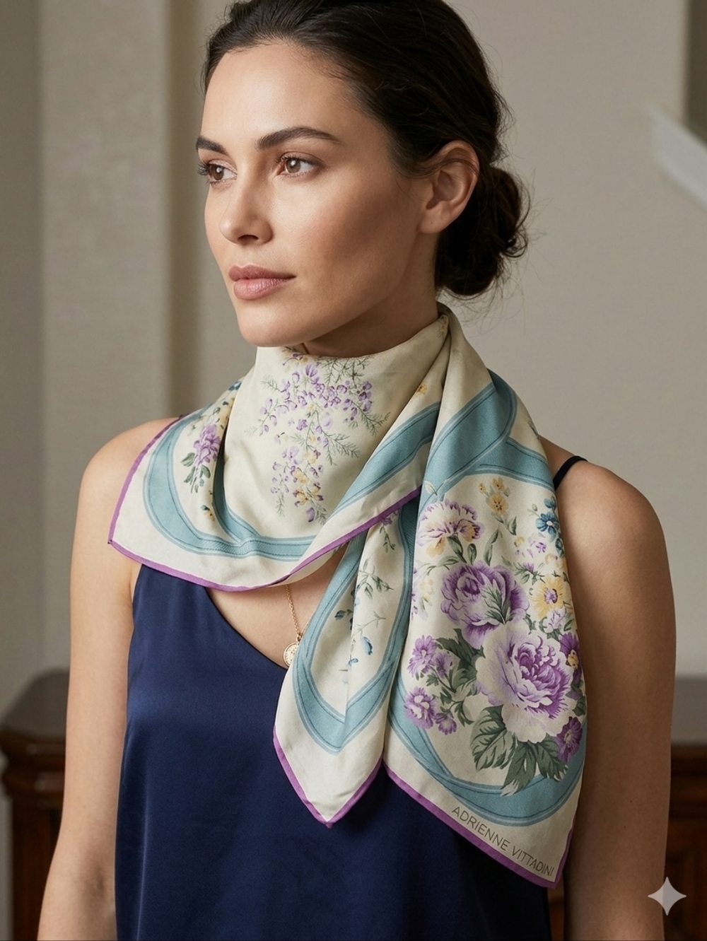 Adrienne Vittadini Cream, Lavender & Teal Floral Silk Scarf